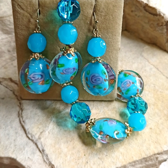 Italian Murano Glass  Bracelet and Earrings set Hand Crafted Vintage - Picture 1 of 6
